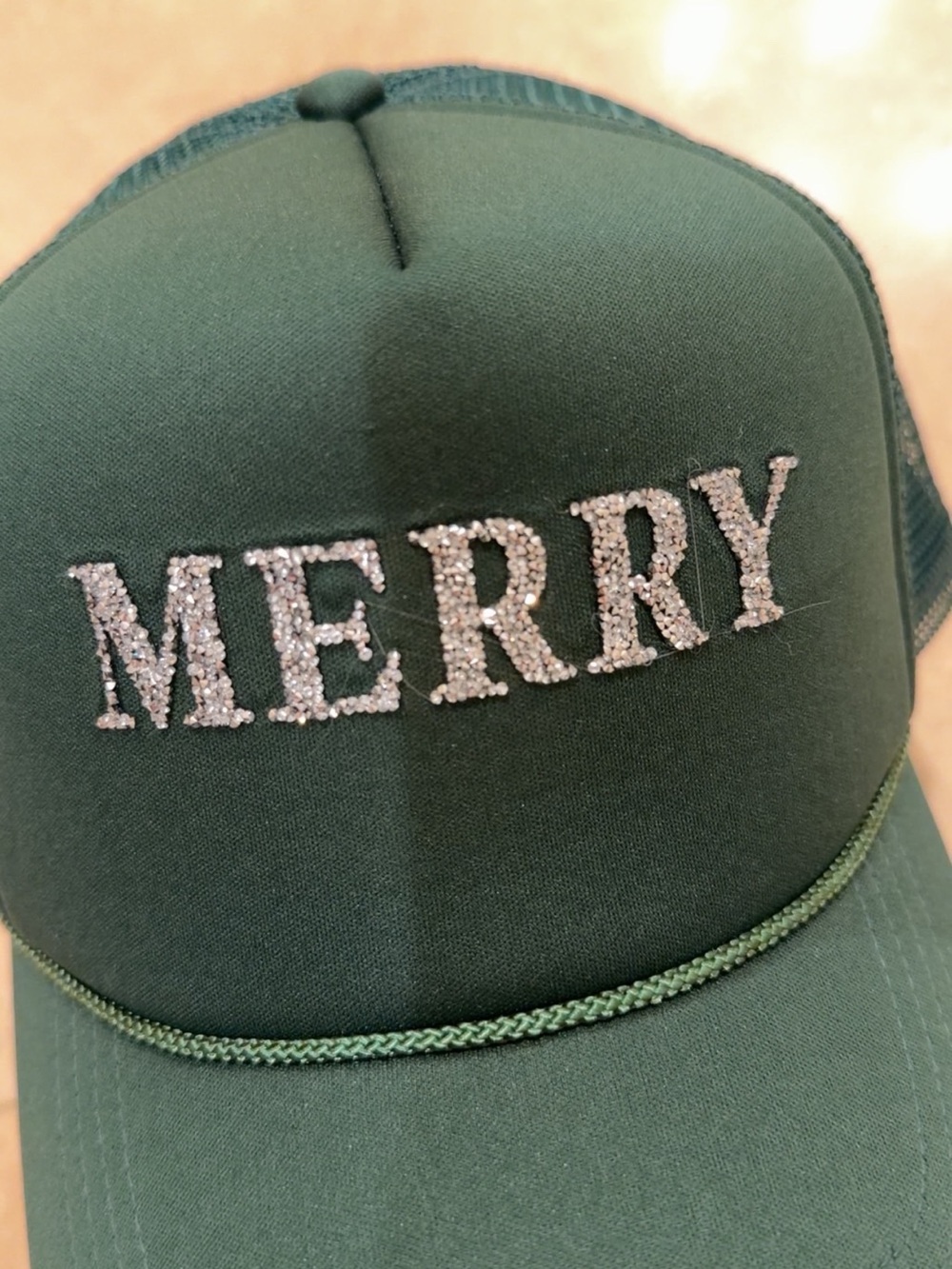 David & Young MERRY Rhinestone Trucker Hat Green Snapback NWOT - Picture 2 of 5
